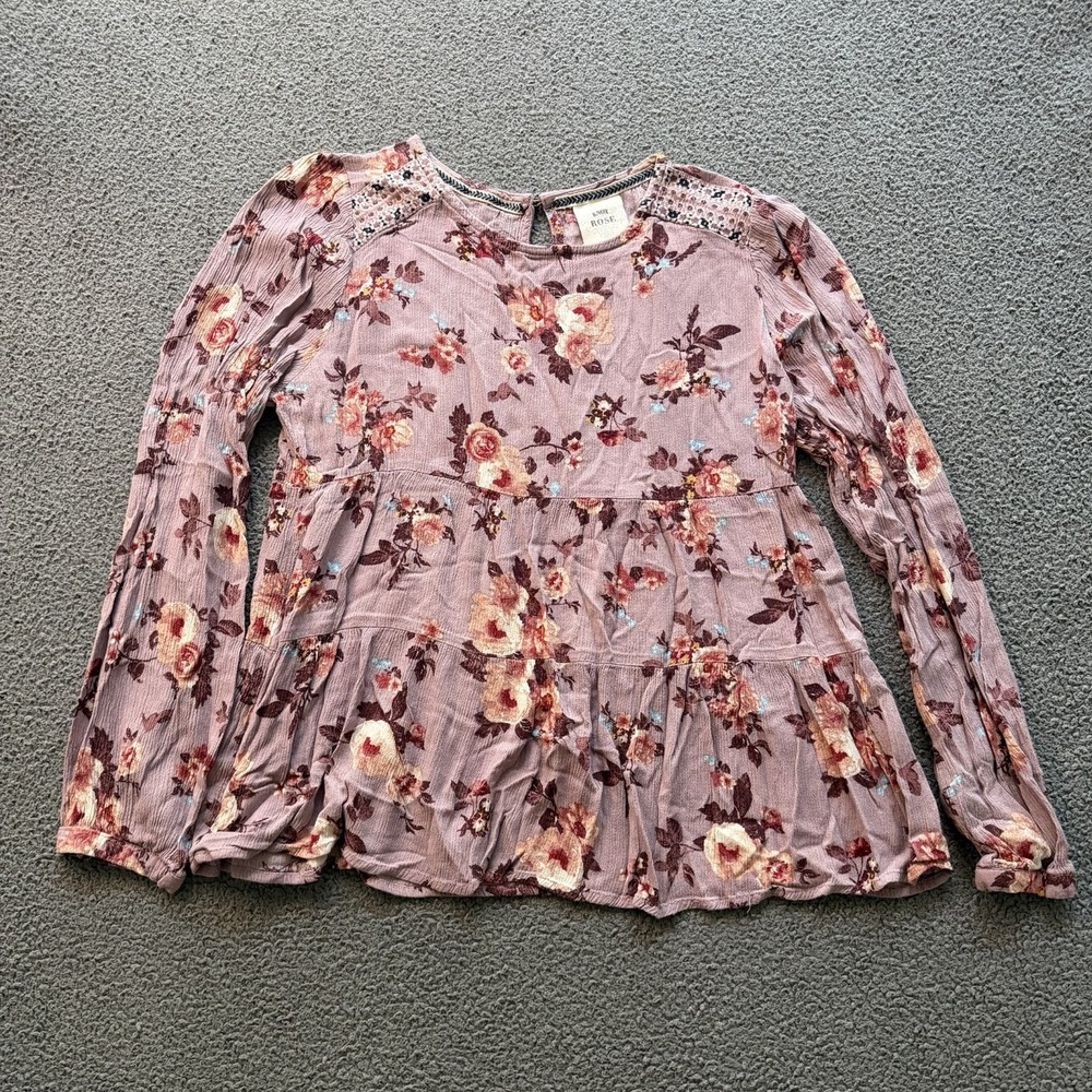 Knox Rose Top Purple Gauze Floral Print Boho Peasant Blouse Women's Medium